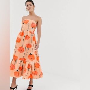 ASOS DESIGN Poppy Printed Bandeau Midi Dress with Ruffle Pep Hem